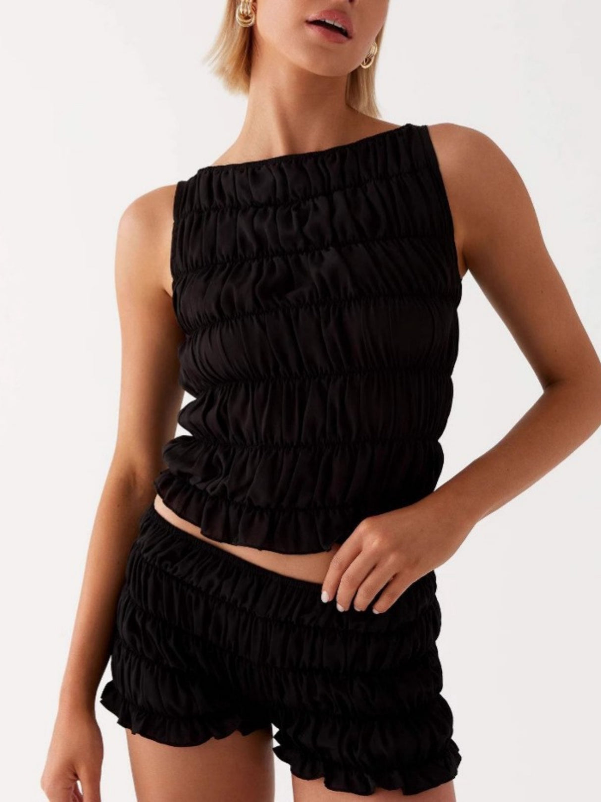 Pleated Navel Curled Hem Backless And Navel Exposed 2-piece Sets