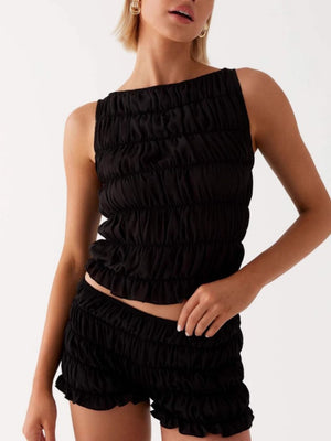 Pleated Navel Curled Hem Backless And Navel Exposed 2-piece Sets