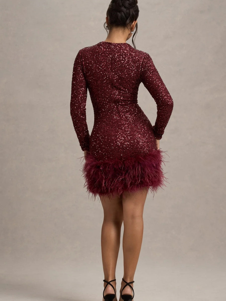 Liber Winter Women's Sequins Solid Color Long sleeve Feather Mini&Short Dresses