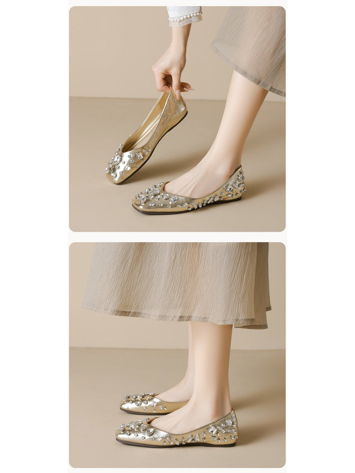Liber Spring and Autumn Diamond-studded Metallic Women's Flats