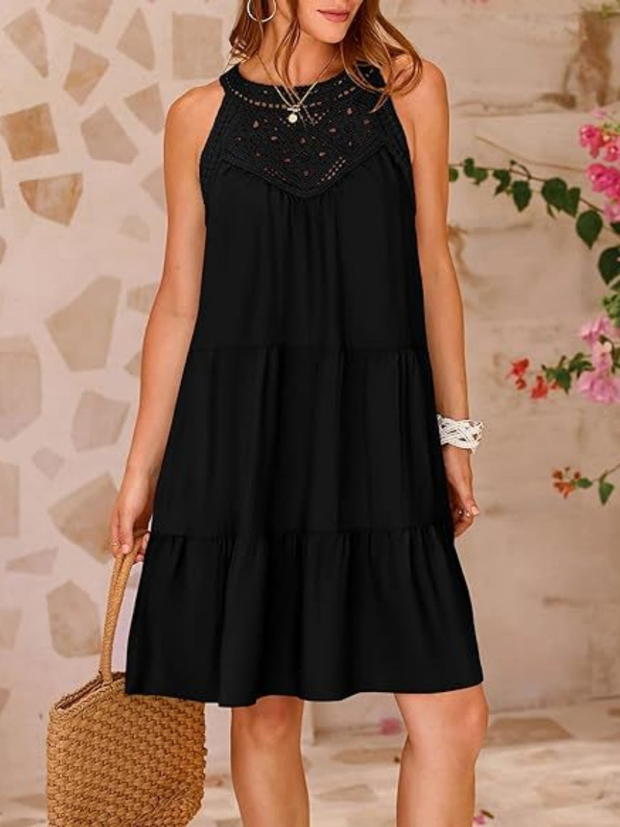 Loose-fit Trim Hollow Lace Halter Mini&Short Dresses