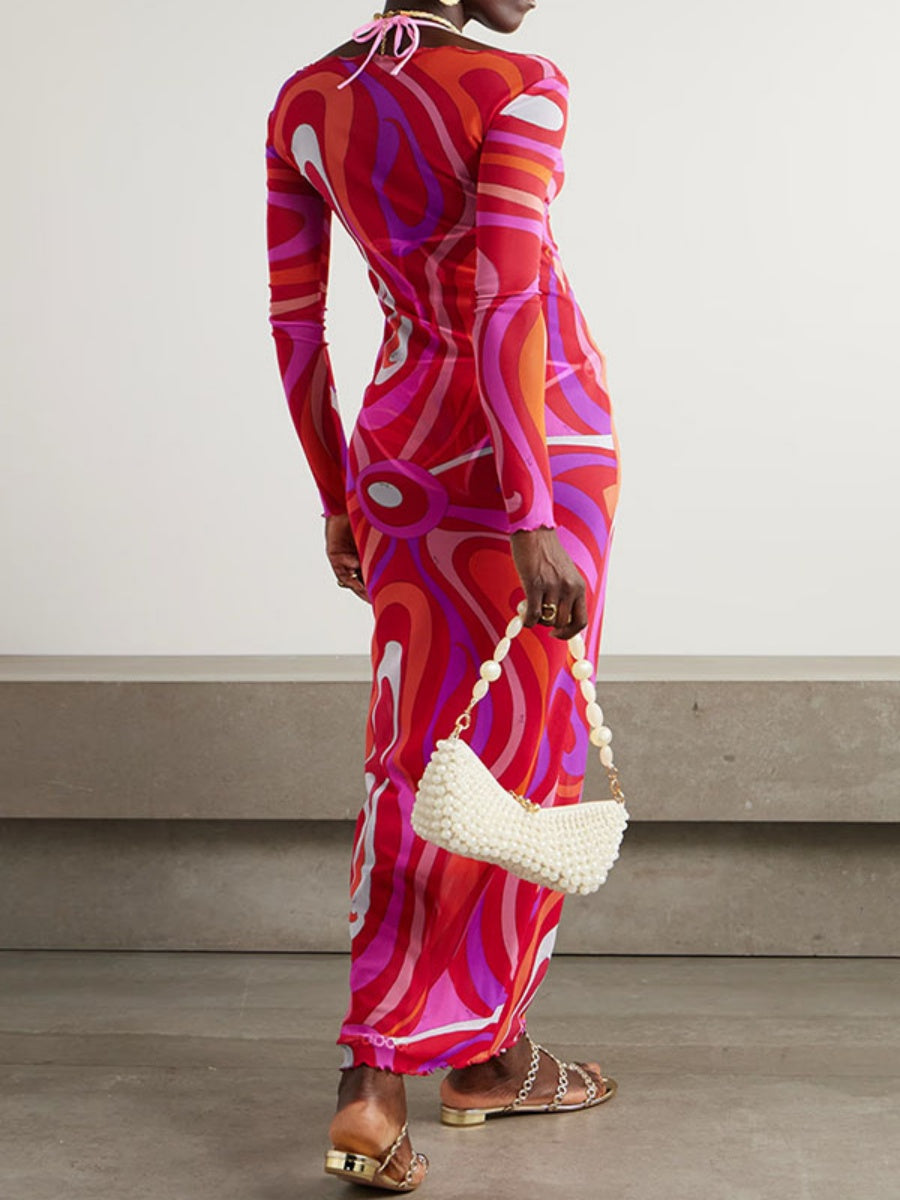 Gauze Printed Perspective Long Sleeve Maxi Dresses