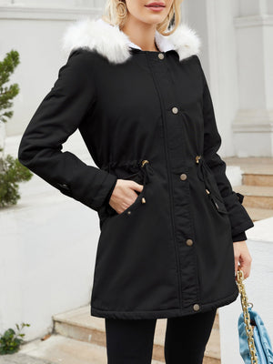With Fur Collar Fleece Lined Hooded For Warmth Drawstring Pocket Down Jacket