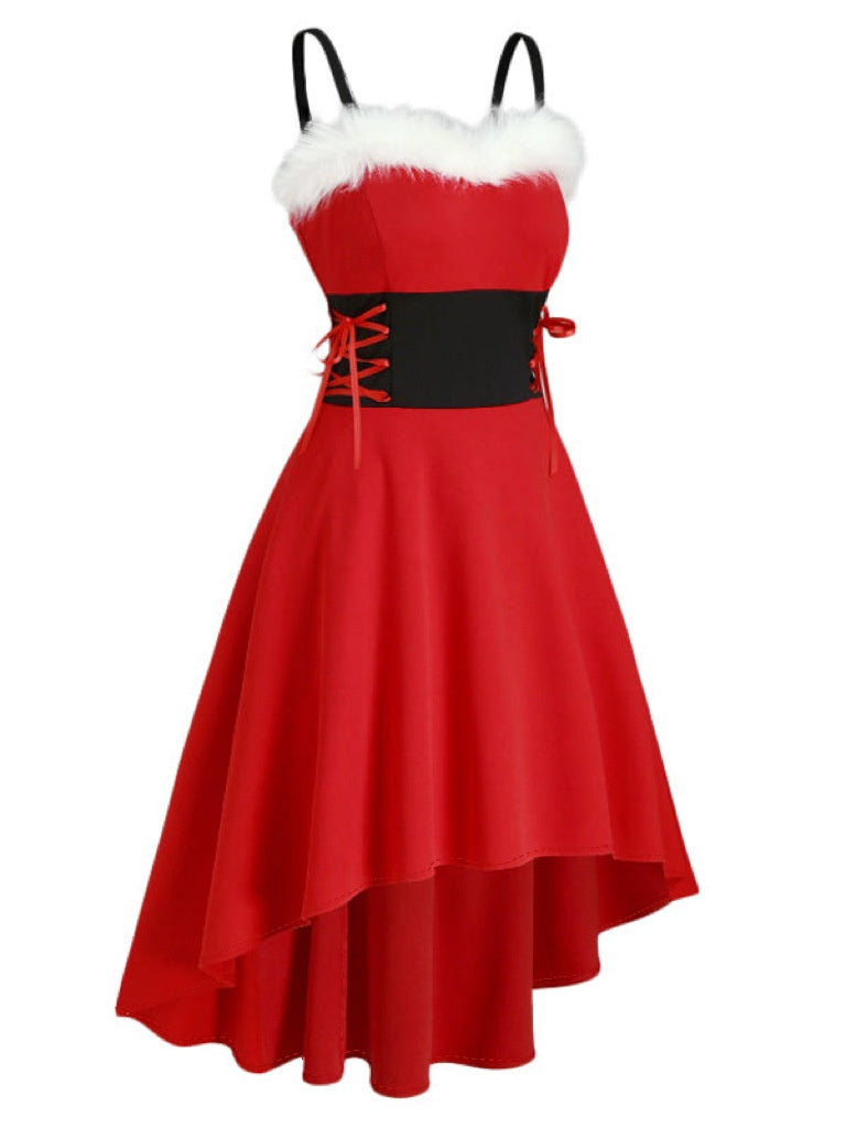 Christmas Parties Bunny Girl Fur Collar Off-shoulder Bow Slip Dress