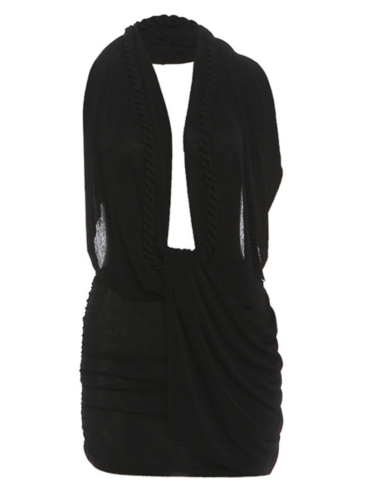 Pleated Deep V Halter Neck Exposed Backpack Buttocks Mini&Short Dresses