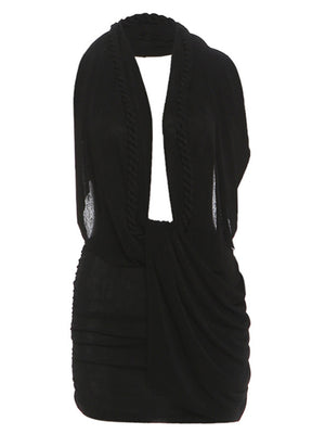 Pleated Deep V Halter Neck Exposed Backpack Buttocks Mini&Short Dresses