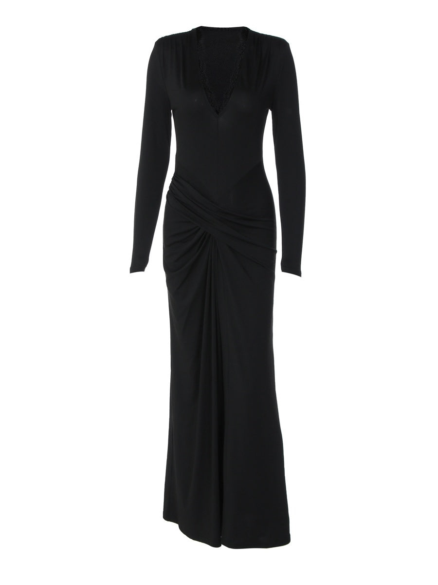 V-neck Black Lace Long Sleeve Pleated Tight Fit Formal Evening Long Dress