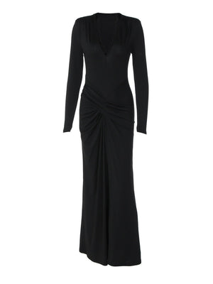 V-neck Black Lace Long Sleeve Pleated Tight Fit Formal Evening Long Dress
