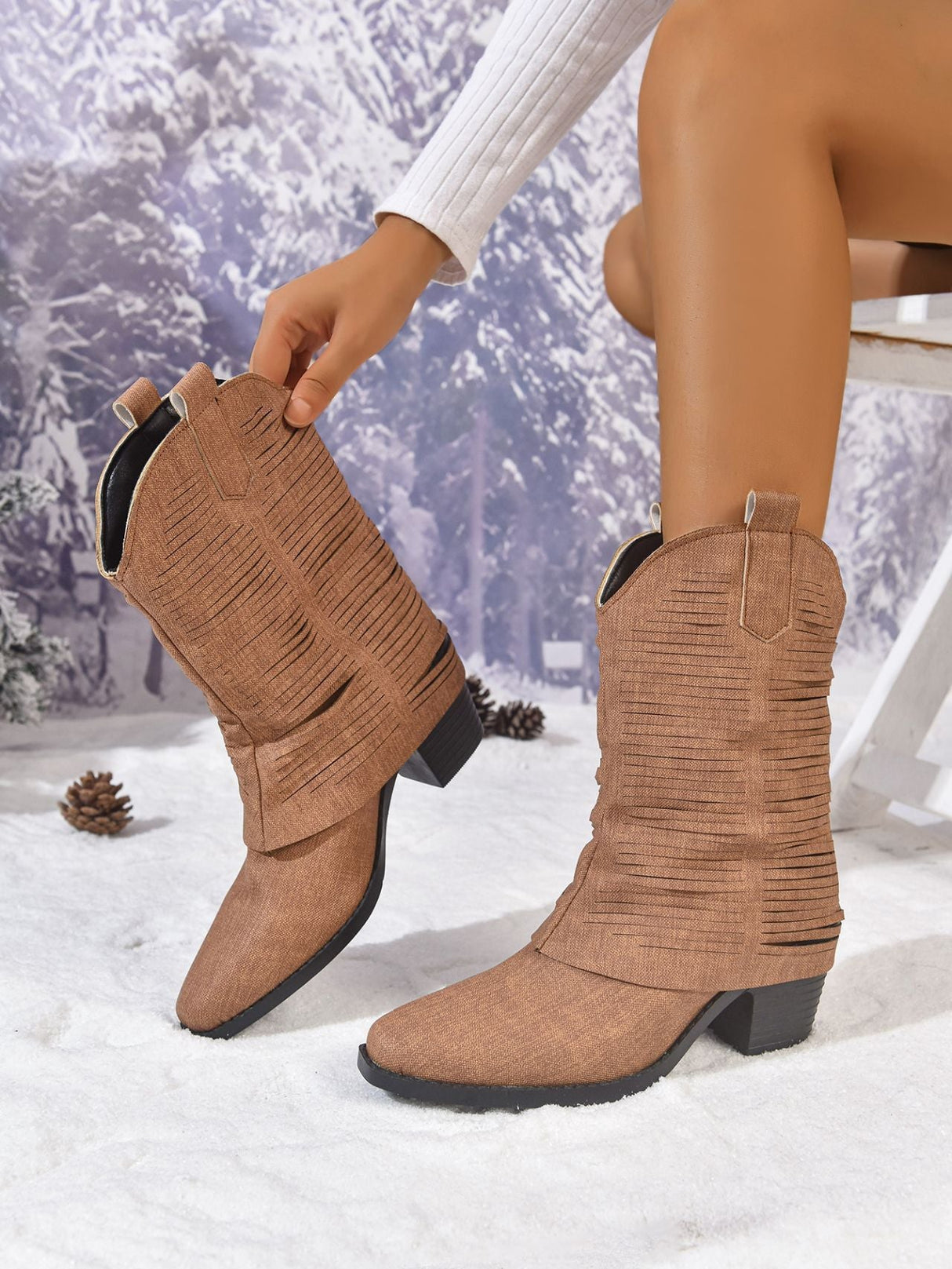 Denim Pleated Mid-calf Boots For Women