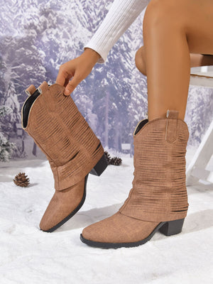 Denim Pleated Mid-calf Boots For Women