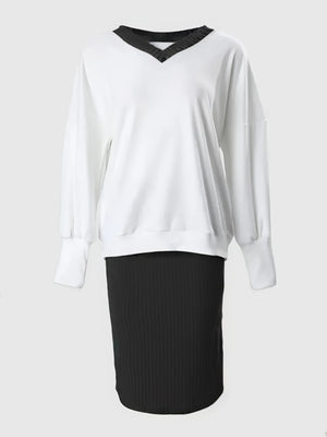 Loose-fit V-neck Sweatshirts&Hoodies Hip-hugging Slit Skirt Set 2-piece Sets