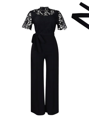 Lace Trim Hollow Short Sleeve Bandage High Waist Wide Leg Jumpsuits