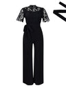 Lace Trim Hollow Short Sleeve Bandage High Waist Wide Leg Jumpsuits