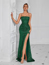 Fitted Strapless Serrated Long Dress With Sequins