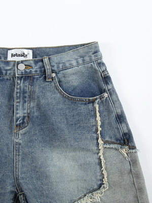Five-pointed Star Patchwork Loose-fit Straight-fit Denim Mid-length Pants Shorts