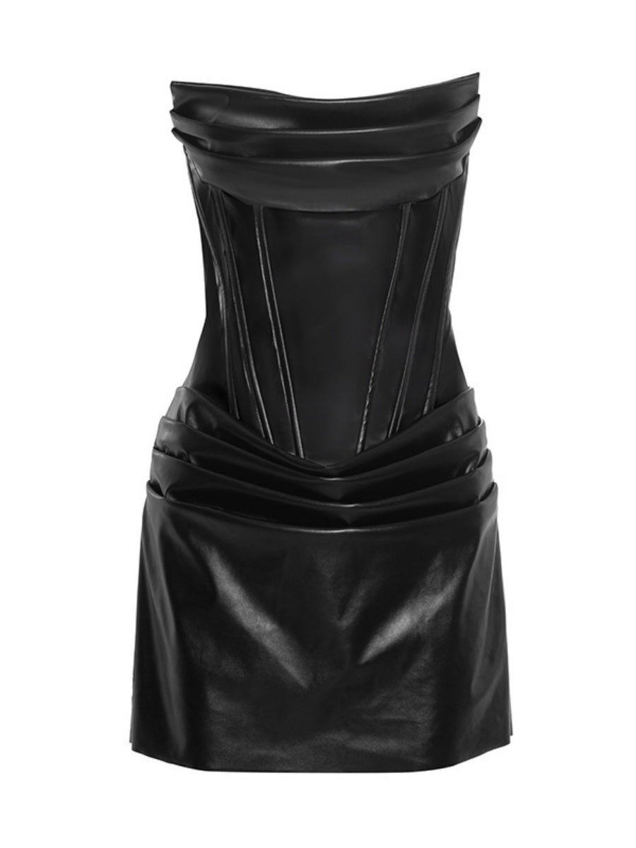 PU Pleated Fishbone Strapless A-line Bustier Mini&Short Dresses