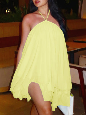 Mesh Halter Neck And Backless Low-cut Tie Sweet Mini&Short Dresses