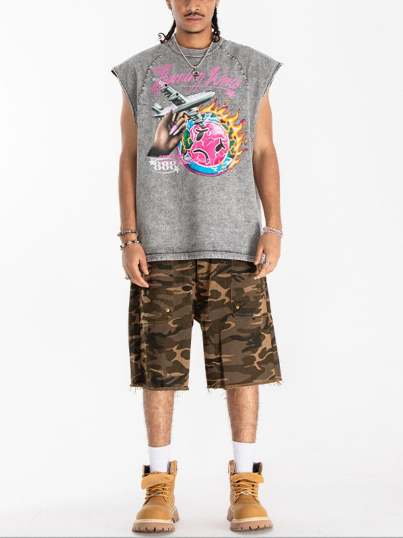 Retro Washing Water Printed Tank Tops