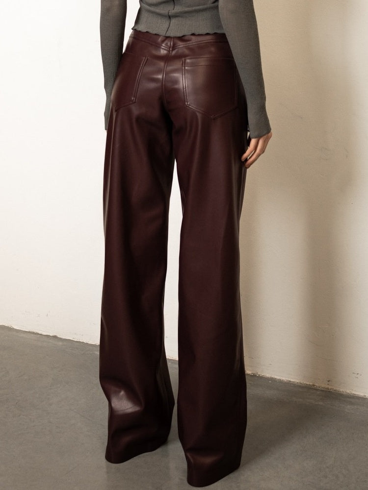 High-waisted Slim-fit Straight-leg PU Leather Pants