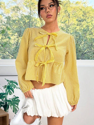 Asian Korean Style Plaid Loose Bow Long-sleeved Shirt