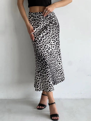 Satin Leopard Print High Waist Elasticity Silky Smooth Skirts