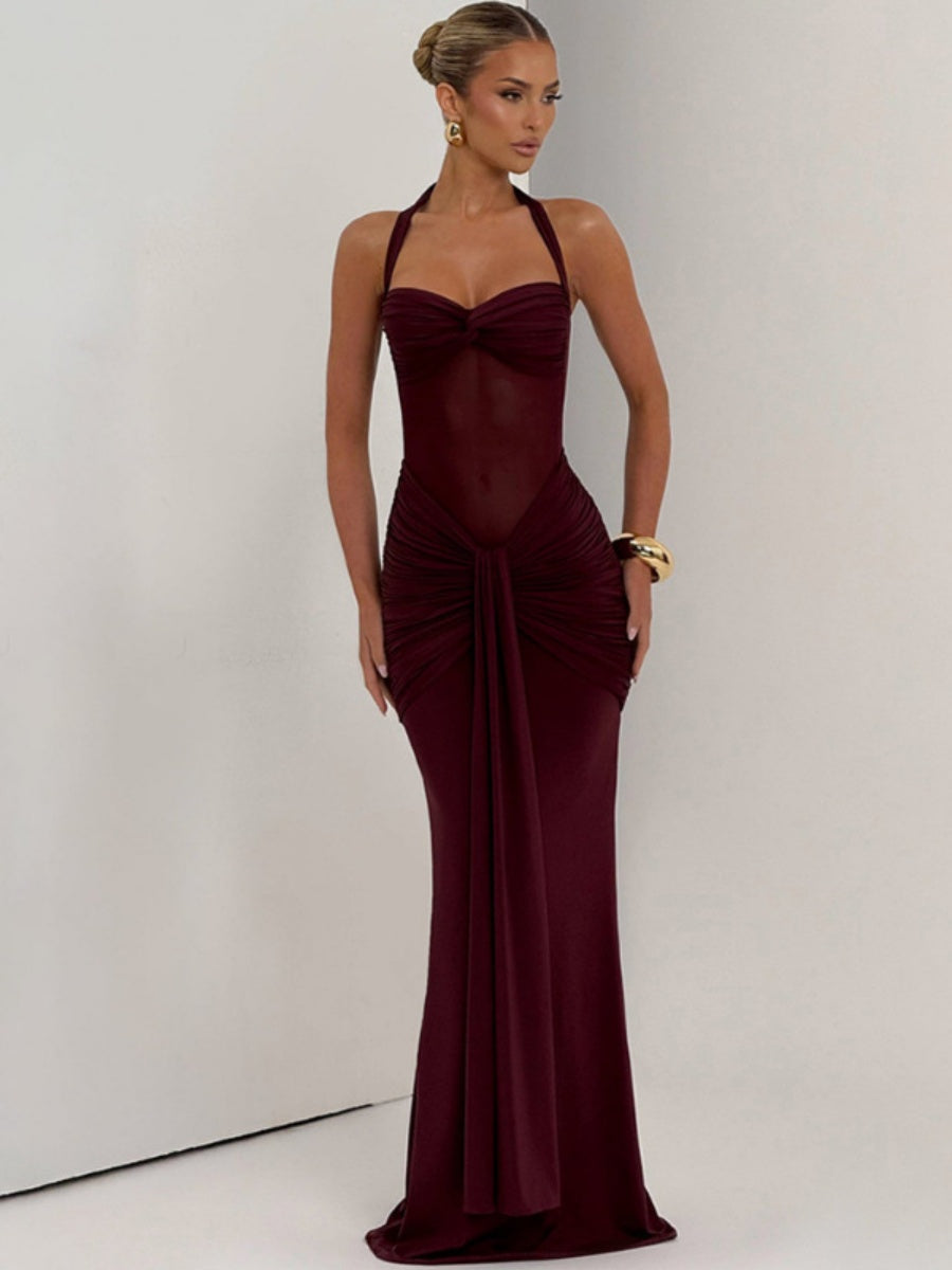 Neckband Lace Up Mesh Formal Dress Maxi Dresses