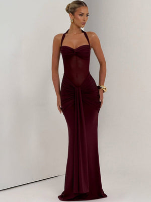 Neckband Lace Up Mesh Formal Dress Maxi Dresses