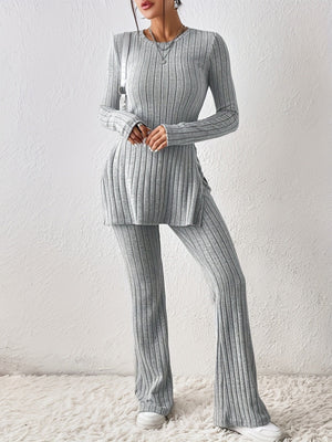 Leisure Long Sleeve Crew Neck Slit Pure Color 2-piece Sets