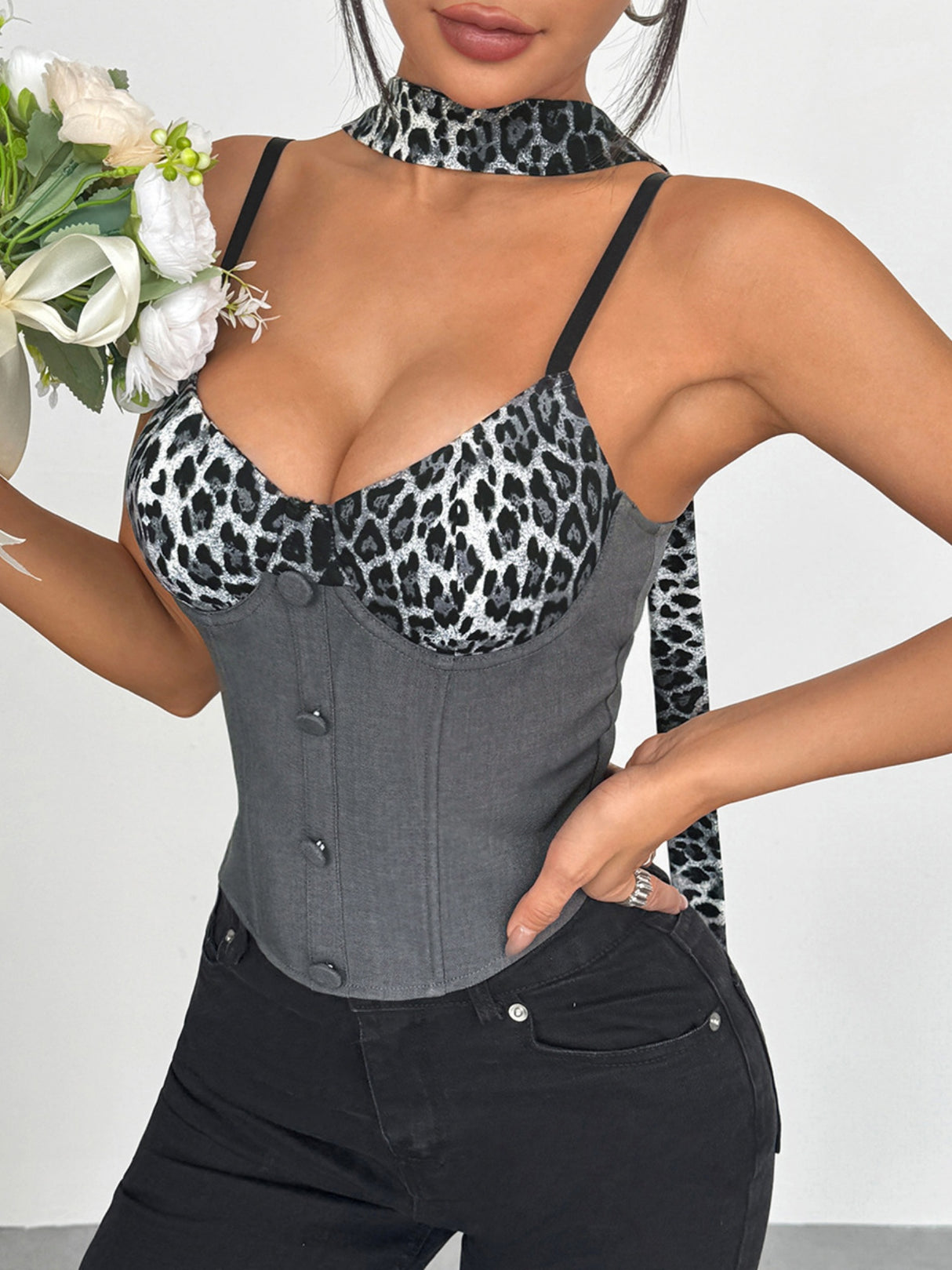 Leopard Print Color Blocking Buttons Fish Bones Tank Tops&Camis