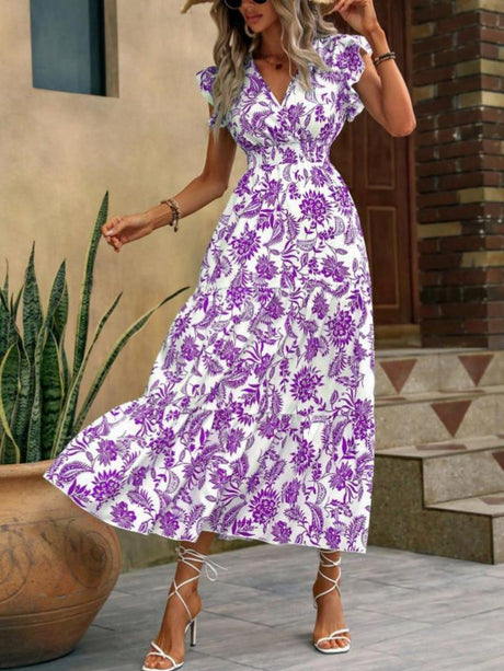 Floral Print V-neck Short Sleeve Maxi Dresses