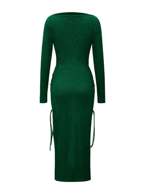 Knitting Long Sleeve High Waist Slim-fit Hip-hugging Drawstring Maxi Dresses