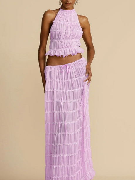 Pleated Sleeveless Backless Halter Neck Full Skirt 2-piece Sets