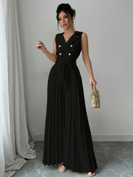 Commuting Suit Collar Pleated Pants Double-breasted Jumpsuits