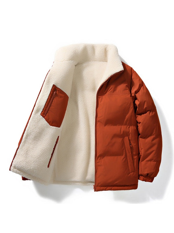 Stand Collar Color-blocked Reversible Lamb Wool Jackets