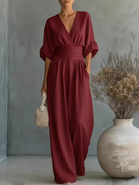 Waist-cinching V-neck Elegant Women's Jumpsuit