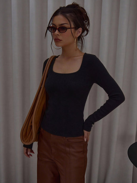 Wool Square Neck Plain Knit Long-sleeved Pullover Sweater