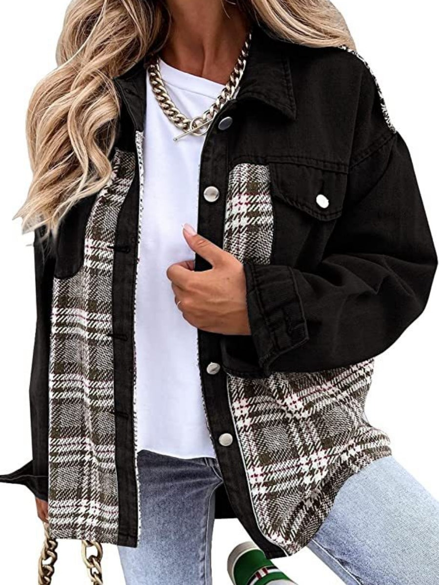 Long Sleeve Plaid Splicing Fasten Denim Jackets