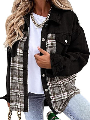 Long Sleeve Plaid Splicing Fasten Denim Jackets