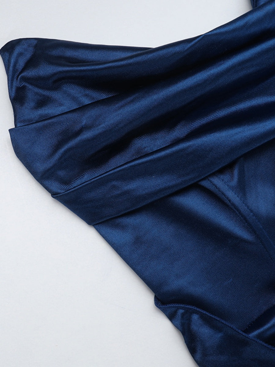 Sexy Strapless Style Deep V-neck Satin Waist Corset Dinner Party Long Dress