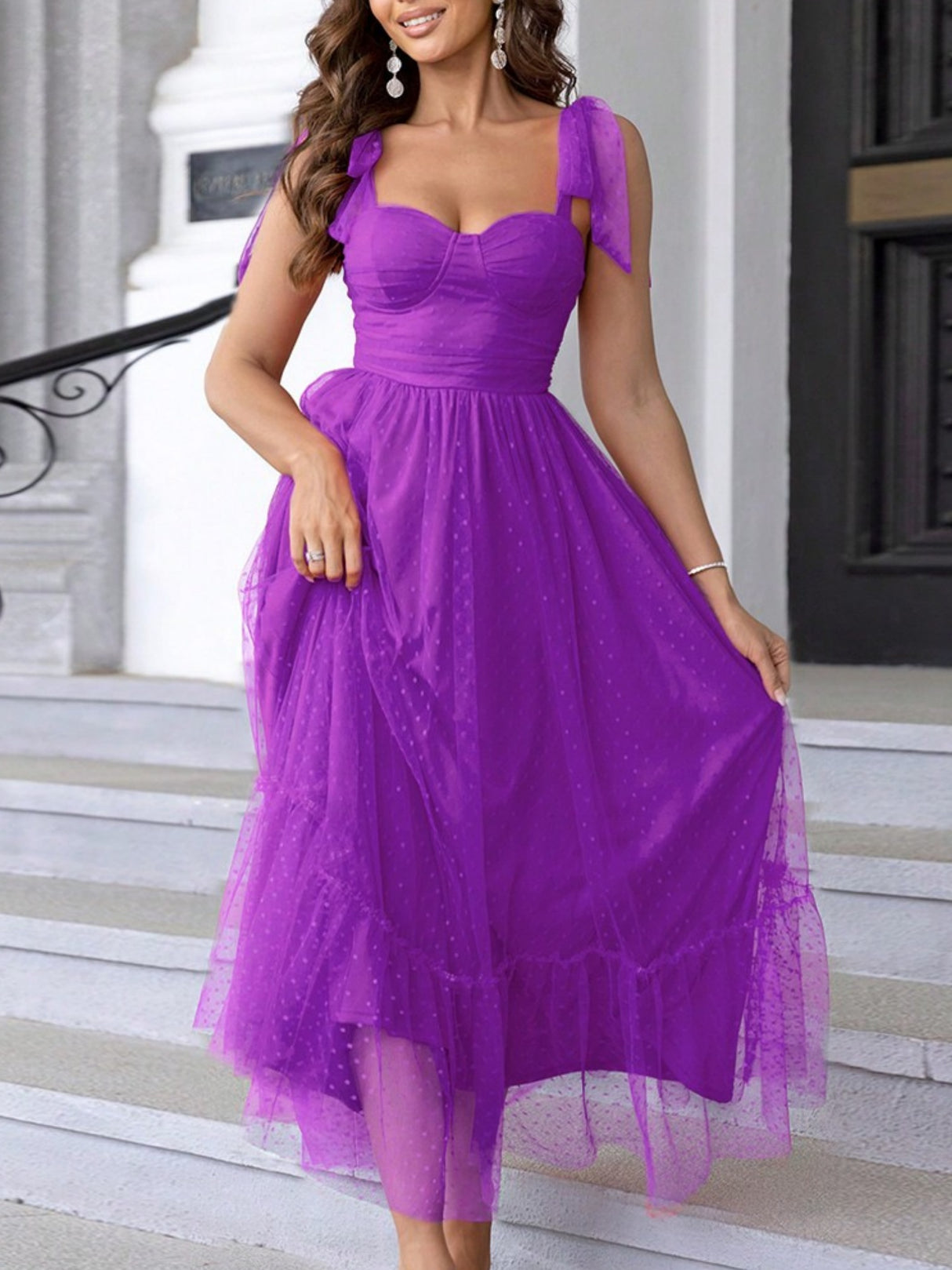 Polka Dots Strapless Shoulder Strap Mesh Splicing Sweet Maxi Dresses