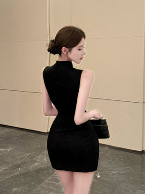 Stand-up Collar, Hollow-out, Slim-fit, Waist-cinching, Slit, Bodycon Short Dress