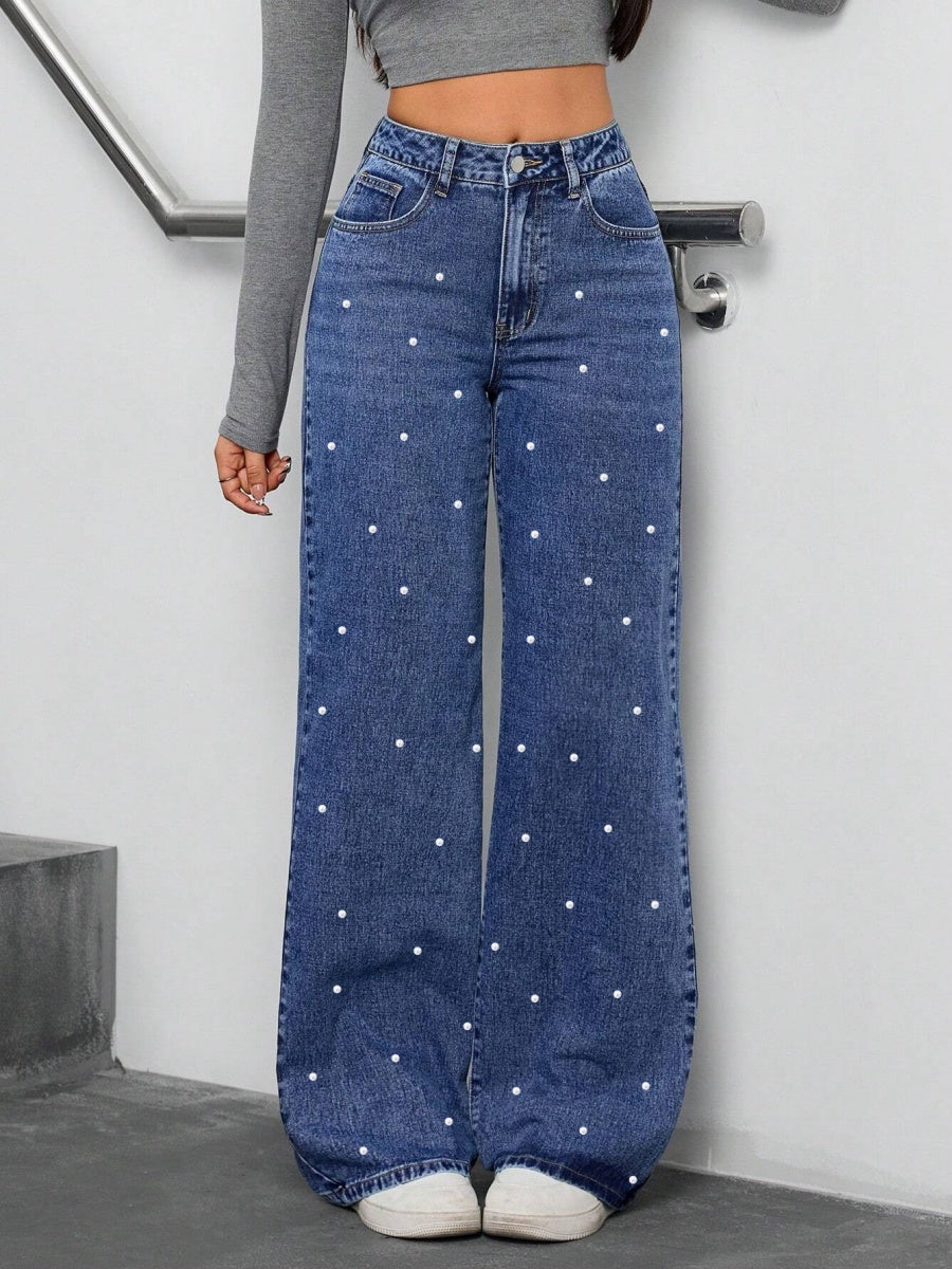 Wash Water High Waist Straight Beading Jeans
