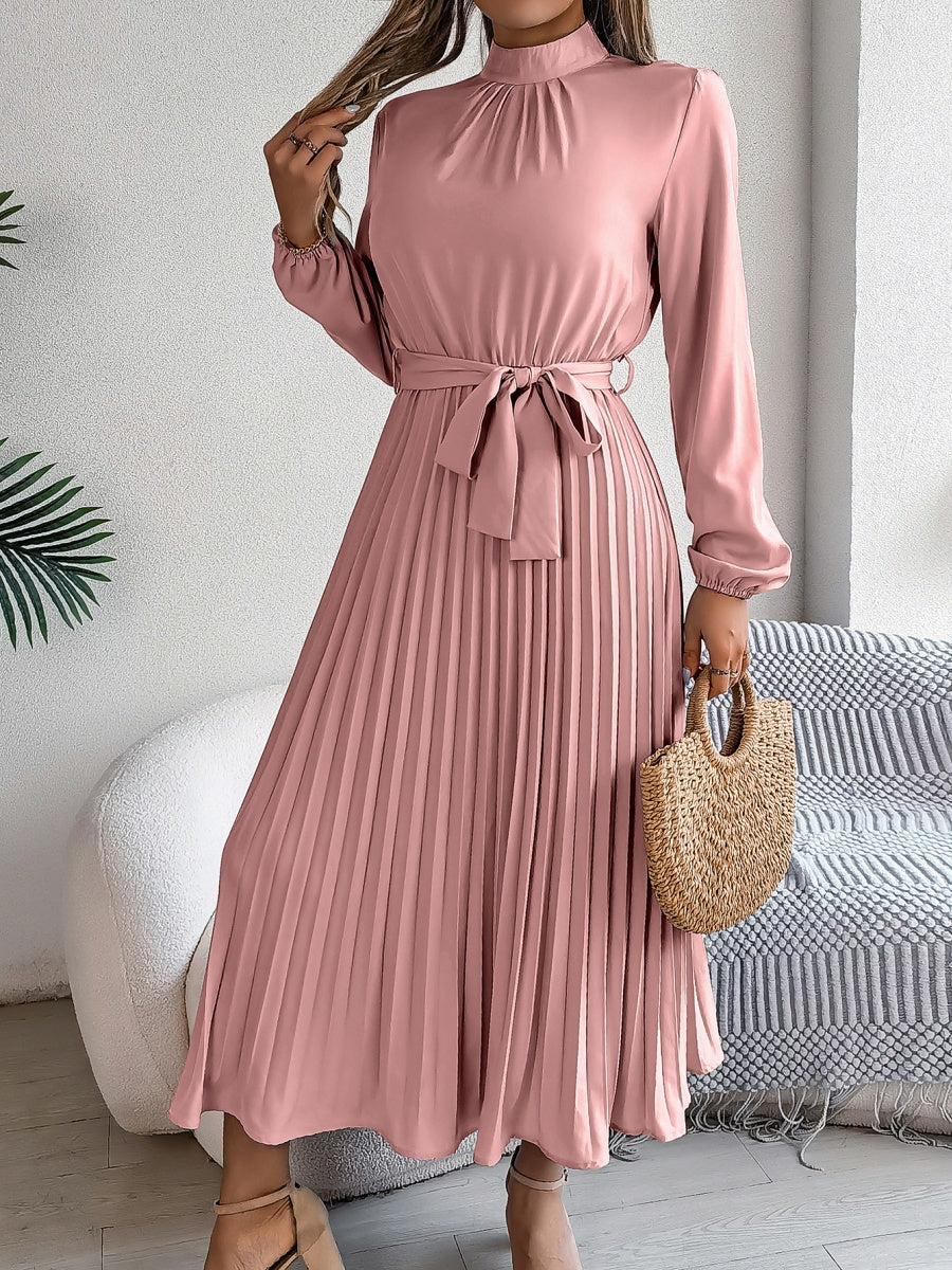 Stand Collar Long Sleeve Waist Pleats Midi Dresses
