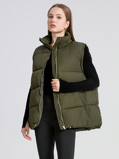 Stand Collar Sleeveless Zipper Pocket Warm Loose Mid-length Down Cotton Vest Jacket