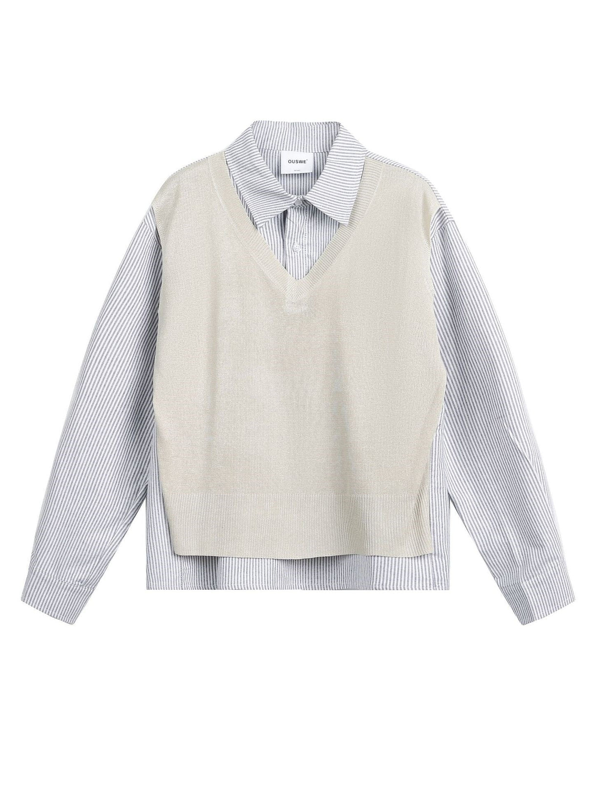 Splicing Fake Two Pieces Vertical Strip Long-sleeved Shirt With Pattern