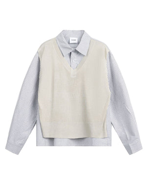 Splicing Fake Two Pieces Vertical Strip Long-sleeved Shirt With Pattern