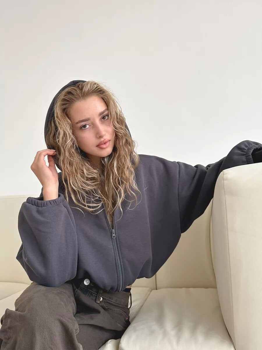 Liber Autumn women's clothing Drawstring Hooded Zippered solid color long-sleeved cardigan sweatshirt