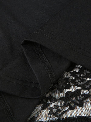 T-shirt sexy à manches longues, col rond et dos nu, orné de patchwork en dentelle