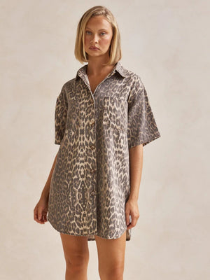 Leopard Print Lapel Retro Pocket Denim 2-piece Sets