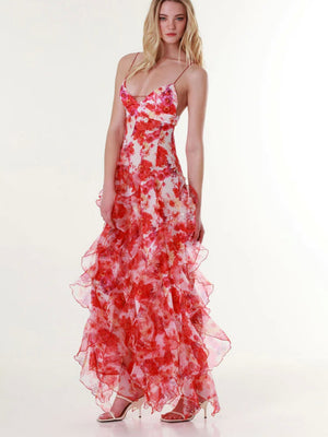 Floral Print Halter Dress With Ruffled Trim